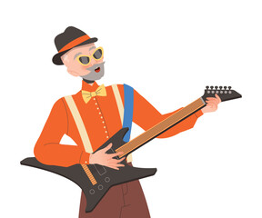 Mustached Man Pensioner Character Playing Electric Guitar and Singing Engaged in Hobby Activity on Retirement Vector Illustration