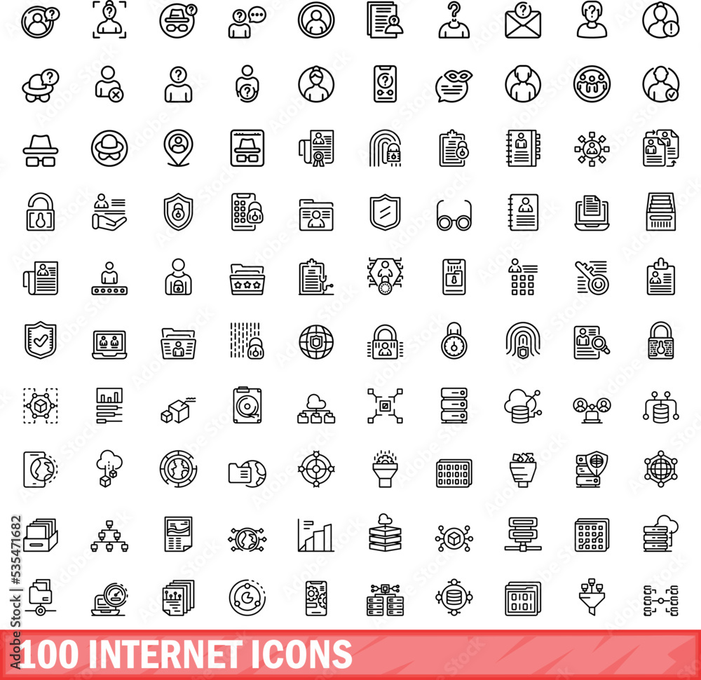 Poster 100 internet icons set. outline illustration of 100 internet icons vector set isolated on white back
