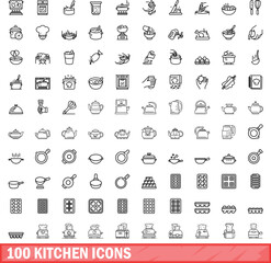 100 kitchen icons set. Outline illustration of 100 kitchen icons vector set isolated on white background