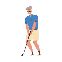 Man Pensioner Character in Glasses with Club Playing Golf Engaged in Hobby Activity on Retirement Vector Illustration