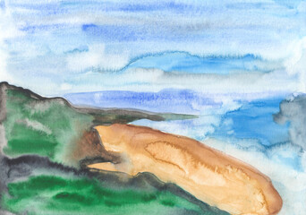 Creative artistic hand painted illustration. Sea coast and sandy beach. 