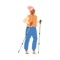 Woman Pensioner Character Pole Walking Engaged in Sport Hobby Activity on Retirement Vector Illustration