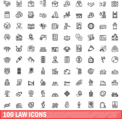 100 law icons set. Outline illustration of 100 law icons vector set isolated on white background