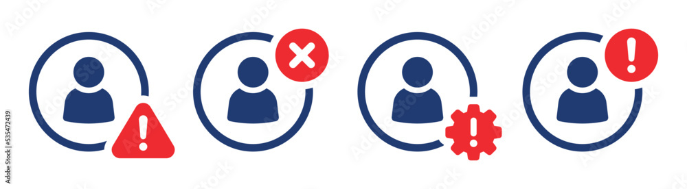 Aufkleber fake account icon set. invalid user profile symbol. warning, alert and issue user icon. vector illus