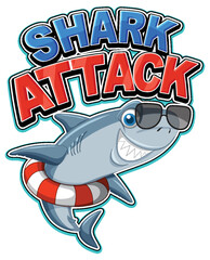 Shark attack icon with shark cartoon character wearing inflatable ring