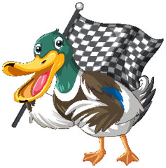 Cartoon duck holding chequered flag