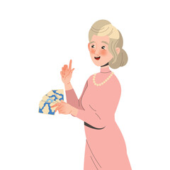 Woman Pensioner Character Playing Cards Game Engaged in Hobby Activity on Retirement Vector Illustration