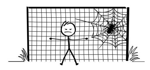 Cartoon stickman with goal net or football net, wait for the ball. Stick figure man with soccer ball. Funny vector sport icon. World wk, ek sport finale game cup. Cobweb, spider.  halloween party.