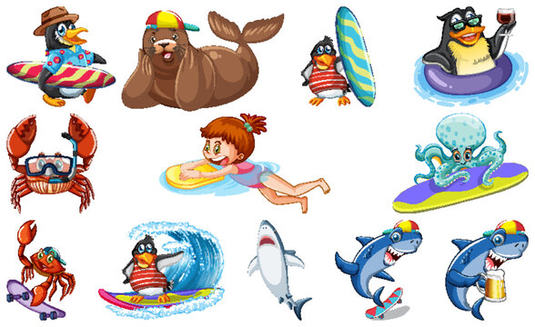 Set of various sea animals cartoon characters