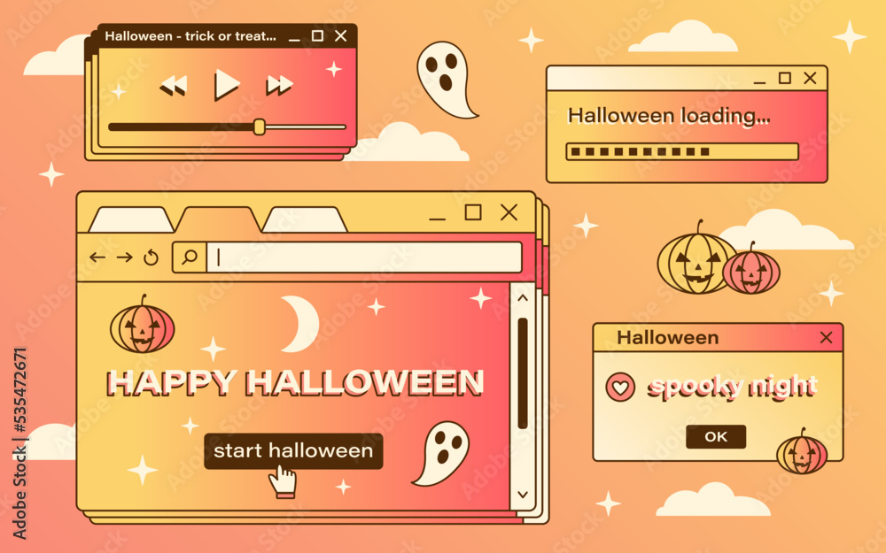 Poster vector halloween vaporwave computer interface. retro illustration with happy halloween message. pump