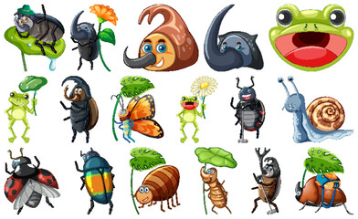 Set of various insects and amphibians cartoon