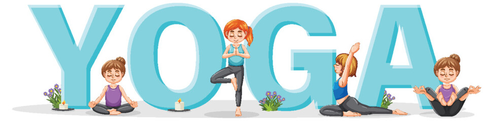 People practicing yoga with text