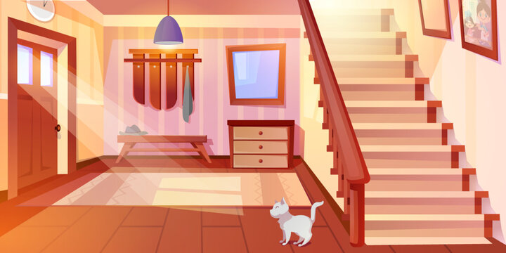 Cartoon house hallway entrance interior with wooden hanger, stairs and furniture. Home inside with white cat, carpet, mirror, staircase, hat on bench and clock on wall. Sun shining through front door.