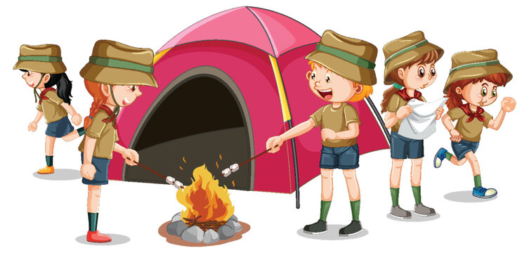 Camping kids in cartoon style