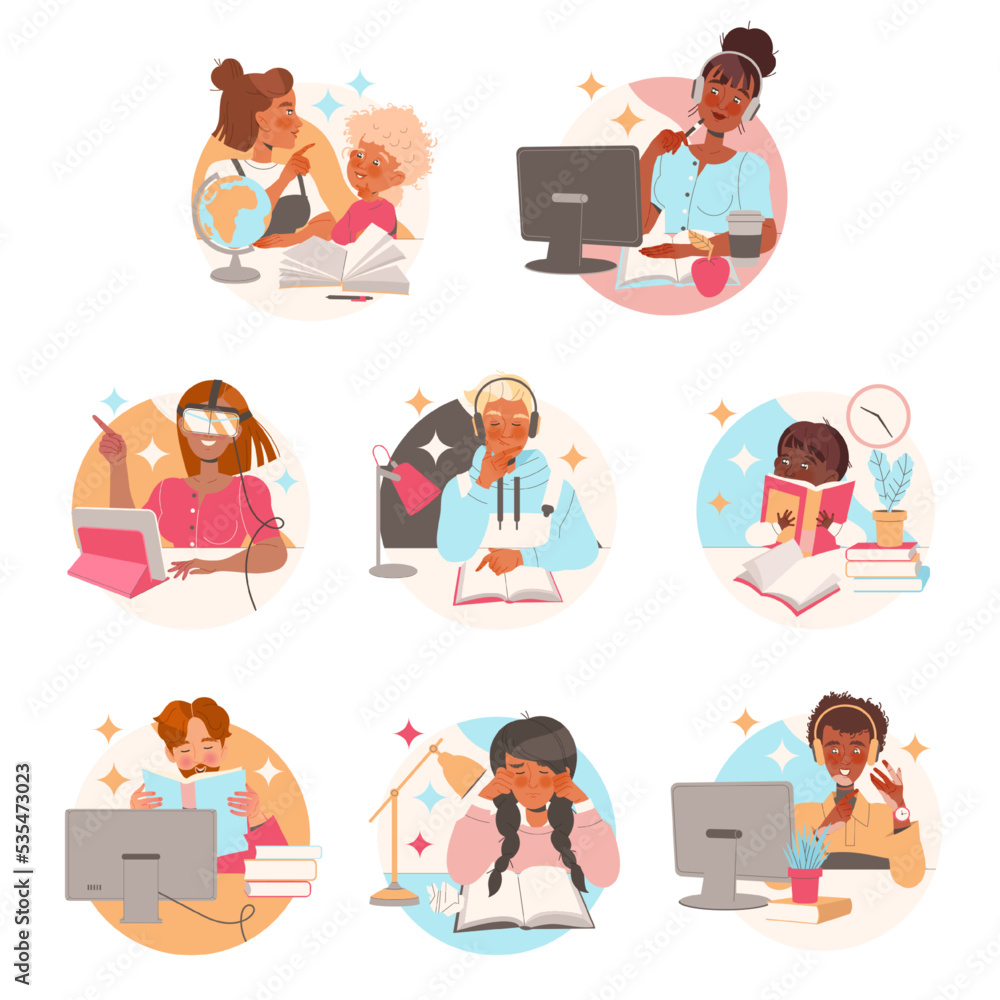 Poster learning people character sitting at desk with book and computer studying and gaining knowledge vect