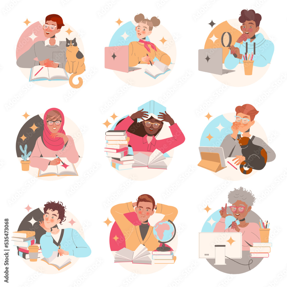Poster learning people character sitting at desk with book and laptop studying and gaining knowledge vector