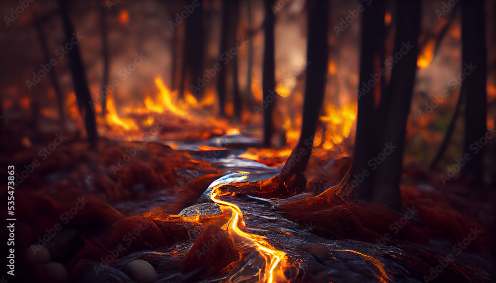 Wall mural a stream in a burning forest