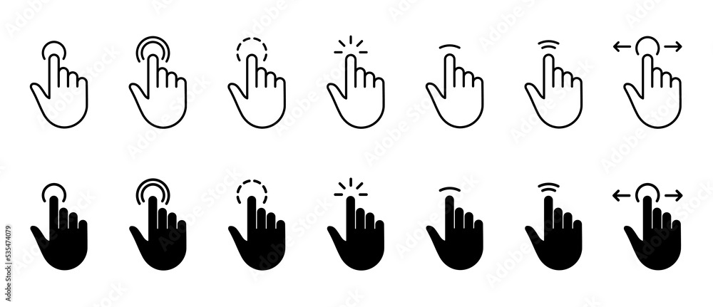 Poster computer mouse cursor finger line and silhouette icon set. hand pointer gesture on website black pic