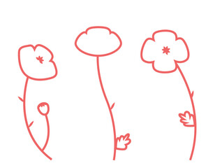 Set of poppies in outline style. Beautiful wildflowers.