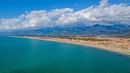 Aerial view of the beautiful sunny shore of Viareggio, Italy