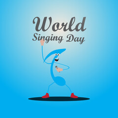 Music lyric character design holding mic on his hand and performing musical concert on stage, World singing day abstract vector illustration poster and banner design with blue background, typography