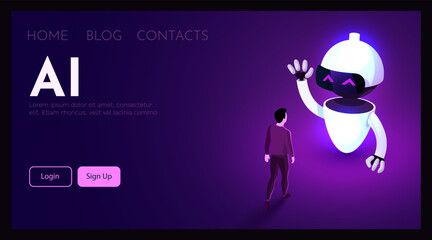 Man stands in front of robot. AI concept. Vector