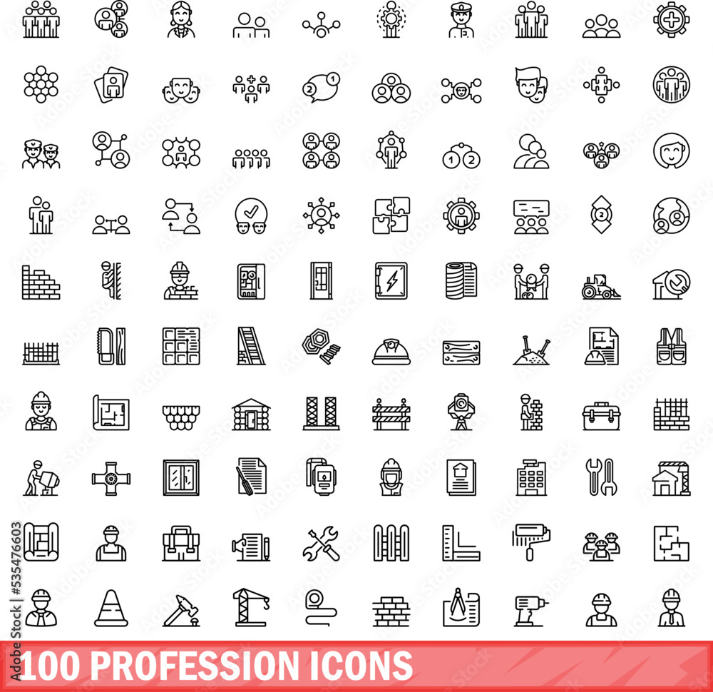 Canvas Prints 100 profession icons set. Outline illustration of 100 profession icons vector set isolated on white background - Canvas Prints