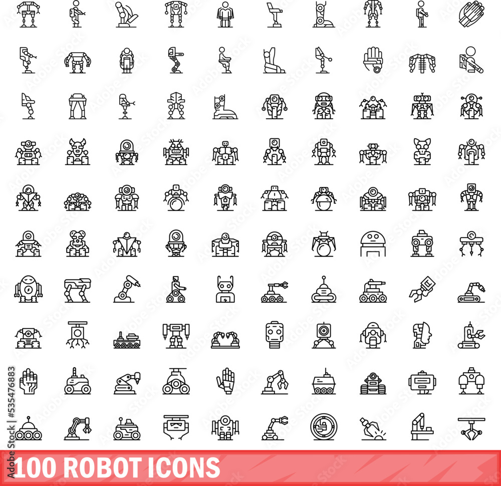 Wall mural 100 robot icons set. Outline illustration of 100 robot icons vector set isolated on white background - Wall murals