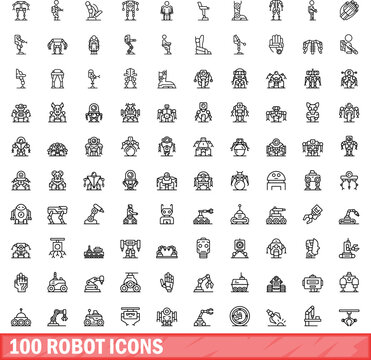 100 robot icons set. Outline illustration of 100 robot icons vector set isolated on white background
