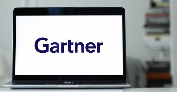 The logo of Gartner, a technology research, IT, and consulting company, on computer.