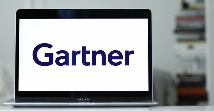 Logo of Gartner, a technology research and consulting company, on laptop screen.