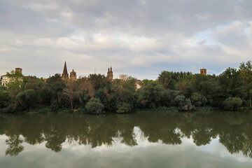 Fototapeta na wymiar Ebro river, riverbank vegetation and city of Logroño, La Rioja, Spain.