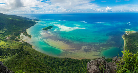 Aerial view of the coastline and seascape in Mauritius island in Africa