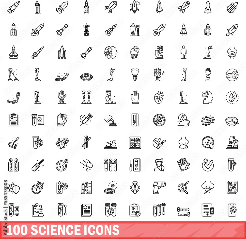 Poster 100 science icons set. outline illustration of 100 science icons vector set isolated on white backgr