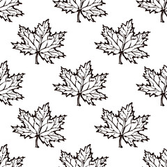 Seamless pattern with hand drawn maple leaves. Suitable for packaging, wrappers, fabric design. PNG ink illustration
