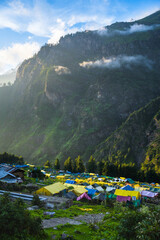 View form Kheerganga Campsite, Parvati Valley, Dauladhar Range, Himachal Pradesh, India.