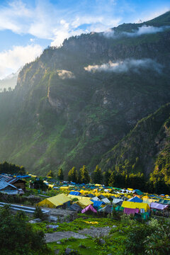 View form Kheerganga Campsite, Parvati Valley, Dauladhar Range, Himachal Pradesh, India.