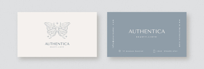 Abstract business card with butterfly for beauty salons and boutiques. Vector business card template - elegant linear style.