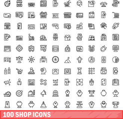 100 shop icons set. Outline illustration of 100 shop icons vector set isolated on white background
