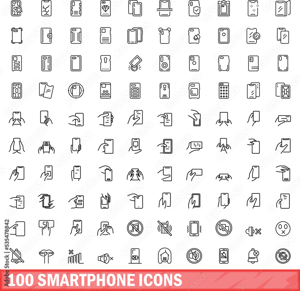 Wall mural 100 smartphone icons set. Outline illustration of 100 smartphone icons vector set isolated on white background - Wall murals