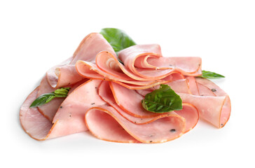 Heap of sliced tasty ham on white background