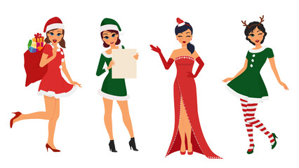 Isolated female character collection - Women in Christmas costumes, hats and hairband - vector, illustration