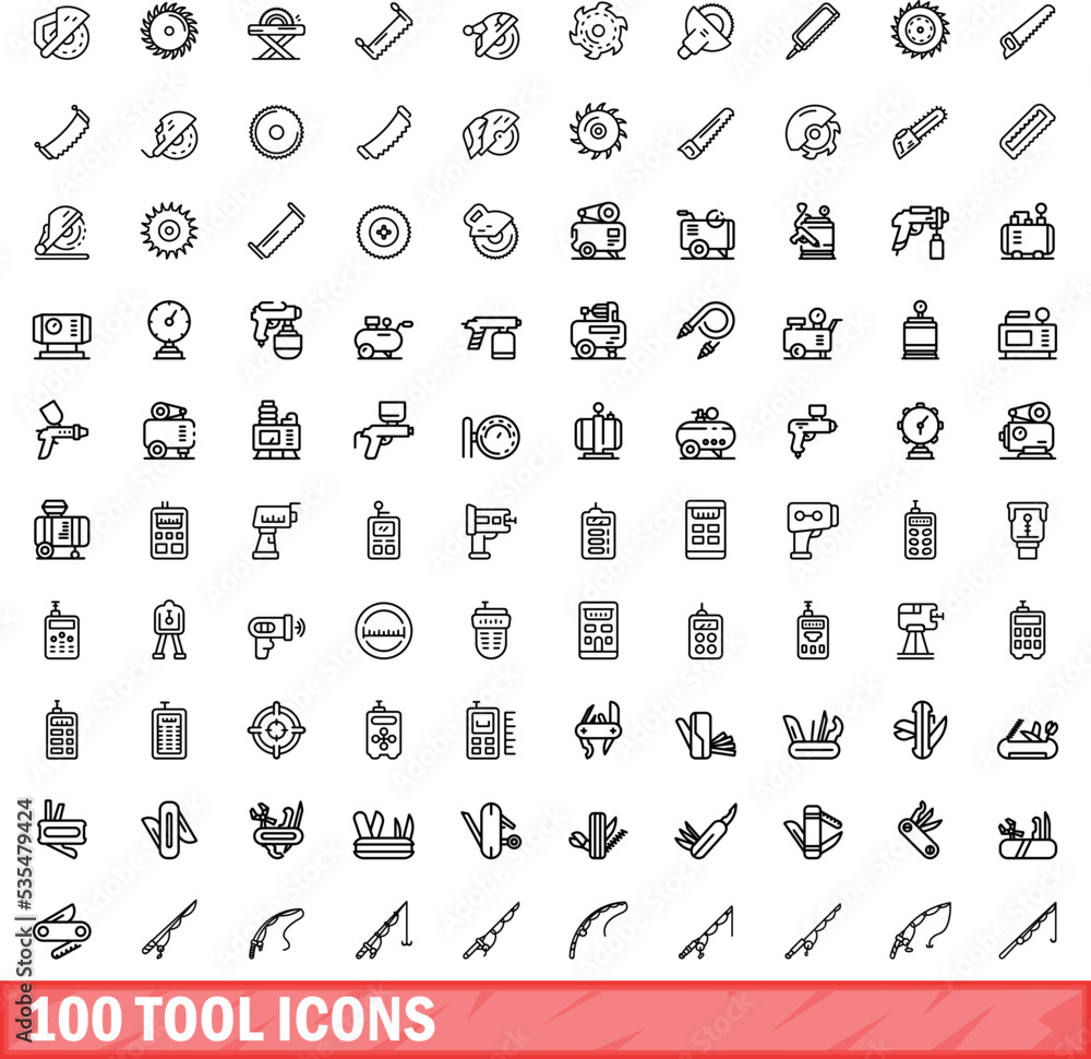 Poster 100 tool icons set. outline illustration of 100 tool icons vector set isolated on white background