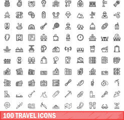 100 travel icons set. Outline illustration of 100 travel icons vector set isolated on white background