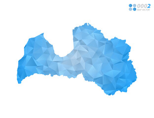 Latvia map blue polygon triangle mosaic with white background. Vector style gradient.