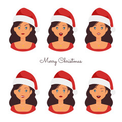 Isolated woman with Christmas' santa hat and different facial expressions emotions - vector, illustration