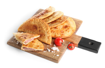Board with tasty chebureks, tomatoes and sea salt on white background
