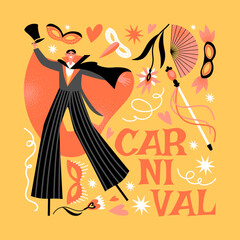 Carnival banner with funny character in fancy dress on stilts.