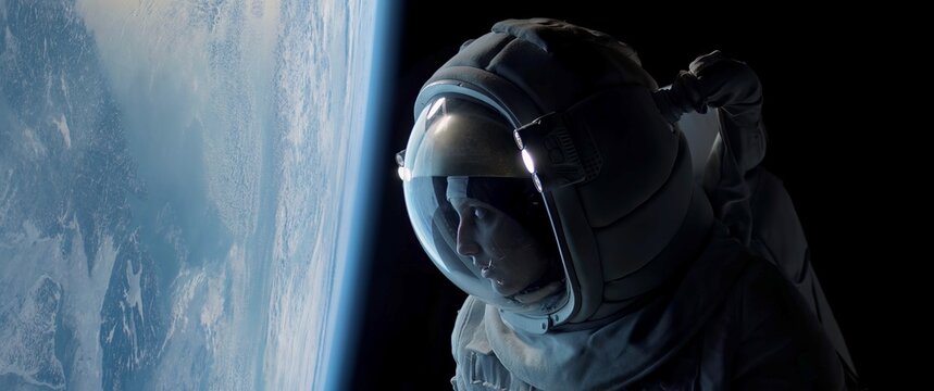 CU Portrait Of Caucasian Female Astronaut During Spacewalk On The Earth Orbit. Space Exploration