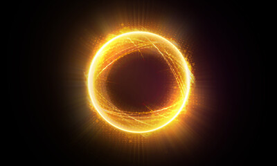 Magic circle light effect. Bright sphere lens. Rotating lines. Glow ring. Magic neon ball. Led blurred swirl. Spiral glint lines. HUD.